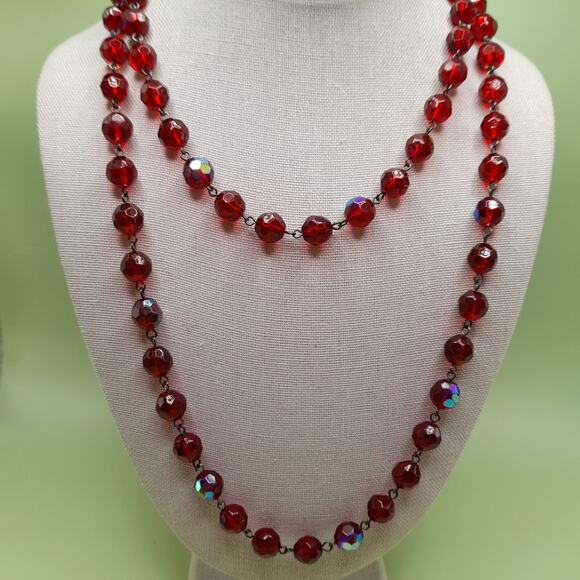 Vintage Czech Red Fire Polished Bead Necklace 42” Wire Wrapped No Clasp Jewelry - Picture 5 of 9